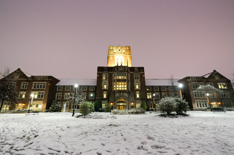 Ayres Hall in the snow.